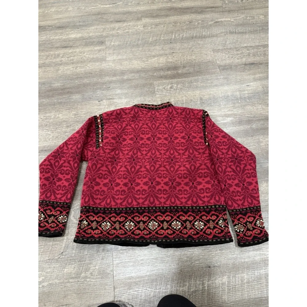 Icelandic Design Knit Cardigan Sweater Wool Red‎ Nordic cheongsam Size M VTG